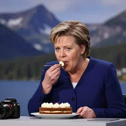norwegian prime minister Erna Solberg eating cake,  70mm Sony DSLR press conference photo