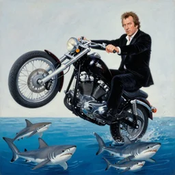 black velvet painting of henry winkler ramping a motorcycle over a pool of sharks