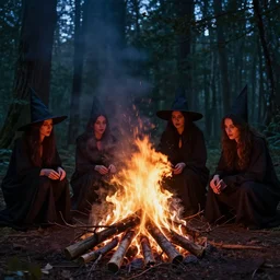 witches around a wildly lit camp fire burning branches in an ominous forest, photography