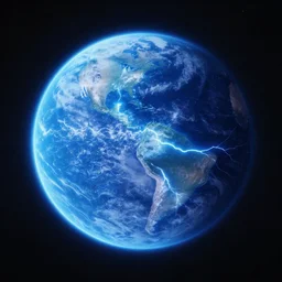 a large blue planet scintillates with electrical energy, photography by fred palacio medium full shot, sci fi, bladerunner 2 0 4 9, canon eos r 3, f / 3, iso 2 0 0, 1 / 1 6 0 s, 8 k, raw, unedited
