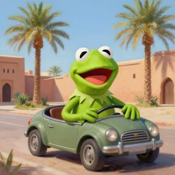 illustration of kermit the frog driving in marrakech, morocco, palm trees, 8 k, octane render, hyperdetailed, illustration, oil painting