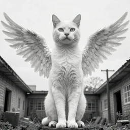 Black and white photograph of a big white tall cat with wings on the backrooms, highly detailed, surrealist, weird, strange, uncanny, odd, eerie