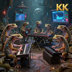 anthropomorphic band of geckos playing strange surrealist detailed electronic - instruments!! with blinking leds and oscilloscopes on screens in alien worlds, candid photography, highly detailed, uhd, unreal engine 5, character concepts, 8 k, photorealistic, award winning render, octane render