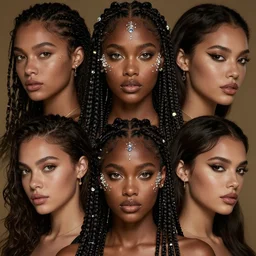 Intricate three-quarter view portrait of a gorgeous dark skinned goddess with decorated braided hair and crystals on her cheeks and forehead, by wlop and Ross Tran and sam yang and mandy jurgens and viktoria gavrilenko, identical eyes, gazing eyes, stunning, gorgeous, beautiful eyes medium shot, elegant pose, fantasy, featured on artstation, cinematic lighting, hyperdetailed, cgsociety, 8k, golden ratio, vfx, dramatic, alluring