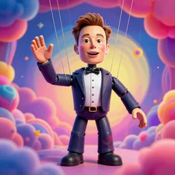 the world's richest man is a ventriloquist dummy from heaven!, psychedelic bliss trip, elon musk! as the puppet master, strings attached to the puppet, patterned skin, trending on artstation, photorealism, vibrant colors, digital art, in the style of harumi hironaka, octane render, establishing shot.