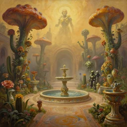 an oil painting by donato giancola, warm coloured, cinematic scifi luxurious futuristic foggy biomechanical victorian garden courtyard with bulbous alien floral fungi cactus growing out of pretty ceramic baroque fountains, gigantic pillars and flowers, beeple, halo, star wars, ilm, star citizen, halo, mass effect, artstation, atmospheric perspective