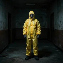 a man wearing a yellow hazmat suit inside the very dark lighting empty unsettling creepy backrooms, liminal space, eerie mood, horror movie scene