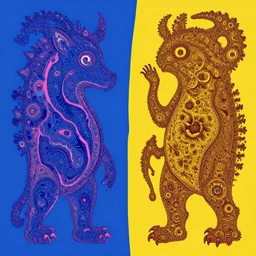 two opposite color contrasting organic creatures with shapes that create fractal patterns repeating
