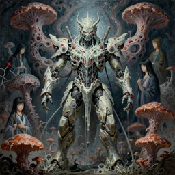 asura from chinese myth, taoism of chinese, ghost weared mecha, flowing mucus, organic fractal mycelum and fungi, stunning atmosphere, symmetrical, painting by zdzislaw, ayami kojima, yamamoto, barclay shaw, karol bak, hyperrealist, 8 k