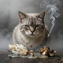 photographic portrait of wrinkly sad max ernst cat swan dried melting floral fungus with spiraling cigarette smoke, in fog