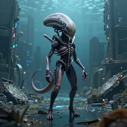 3D render of an single miniature beautiful female xenomorph in front of a gigantic city ruined underwater environment,  omnious , elegant,  reflections, focus, detailed, realistic eyes, horizontal partial symmetry features proportions, intricate facial skin details, award winning, trending in cgsociety artstation deviant art, octane render