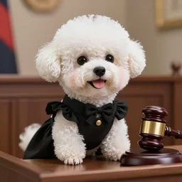 a closeup photorealistic photograph of a cute smiling knitted white bichon judge dog dressed in a black gown, presiding over the courthouse gavel. indoors, professional capture, well lit shot. this 4 k hd image is trending on artstation, featured on behance, well - rendered, extra crisp, features intricate detail, epic composition and the style of unreal engine.