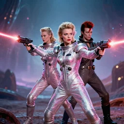 a portrait of milla jovovich and david bowie wearing a rocknroll glamour spacesuit, beautiful, heroic action pose firing laser guns, soft focus, depth of field, stunning alien landscape, cinematic, film grain, wide shot, in the style of kubrick, ridley scott, jodorowsky, dune, star wars, unreal engine
