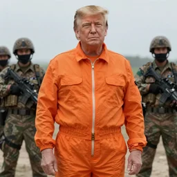 Donald Trump wearing an orange jumpsuit captured by ISIS militants in the desert, Kodak film photo, 8k, highly detailed, artstation