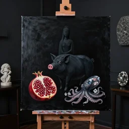 painting of a black painted canvas, on an easel in a dark room with black walls, pomegranate, a black pig - goddess, pork, octopus, large diamonds gems, stone sculpture, minimalist, surrealist, oil on canvas