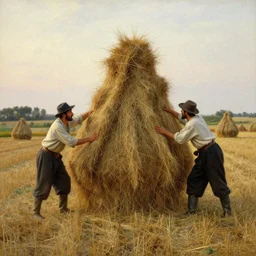 simple amish farmers shocking hay in open fields, art by anders zorn, wonderful masterpiece by greg rutkowski, beautiful cinematic light, american romanticism thomas lawrence, greg rutkowski
