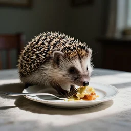 hedgehog having dinner on the table with fork, filmed on 35mm photo, depth of field, high detailed