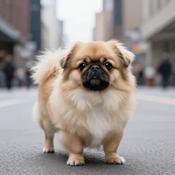 a little Pekingese dog lost in a big city