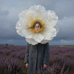 portrait, giant flower head, a girl wearing a coat in heather field, surreal photography, wind and cold, dramatic sky, impressionist painting, digital painting, artstation, simon stalenhag