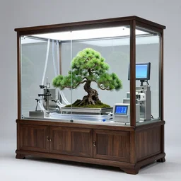 a plant incubator made of china furniture, glass, stainless steel, precision instruments and screens. there is a pine bonsai inside. there are many transparent hoses filled with water and mist in the glass box. there are two nozzles on both sides of the box spraying water mist, by rene magritte