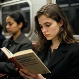 “ girl reading a book in the new york city subway, detailed faces, photograph by henri cartier - bresson ”