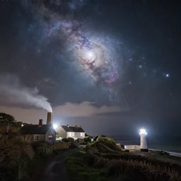 a beautiful double exposure of the astronomy picture of the day, nebula, with a rural seaside village landscape at night, soft white light, chimney smoke, lighthouse, beacon, long exposure clouds