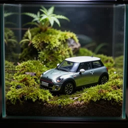 Tiny mini-cooper in terrarium, covered in moss