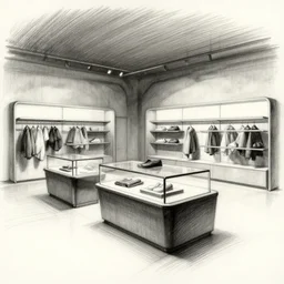 charcoal sketch, futuristic store interior with display tables, by krenz cushart