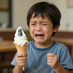 a very upset and crying kid holding an ice cream cone but the ice cream is replaced with a small moai statue, 4 k photograph