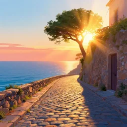 a lonely cobblestone street with a tree on a cliff over the sea at sunset, brightly illuminated by rays of sun, artstation, colorful sylvain sarrailh illustration, by peter chan, wrong perspective points