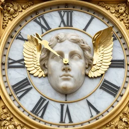Giant marble and gold clock face with a marble human face in the center and rigid gold wings on its sides.