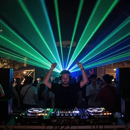 photo of dj with laser lights at the open air party