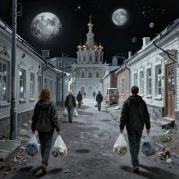 Cyberpunk people with plastic bags on the street of Russian sleeping quarters on the Moon, at night, Norilsk, sci-fi, intricate, very very beautiful, elegant, ENDLESS NIGHT, highly detailed, digital painting, artstation, concept art, smooth, sharp focus, illustration, art by artgerm and greg rutkowski and alphonse mucha