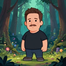 a cartoonish cute anthropomorphic Joe Rogan is in a mystical forest full of wonders, pine trees, magical atmosphere, trending on artstation, 30mm, by Noah Bradley trending on ArtStation, deviantart, high detail, stylized portrait H 704