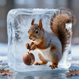 a squirrel removing an american oak nut from a very huge ice cube, photograph, ice age