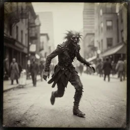 1 9 3 0's daguerreotype photo, depicting a weirdcore entity creature from silent hill rampaging through the bustling streets of toronto, historical record