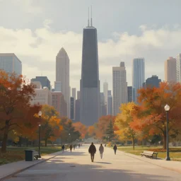walk in chicago, futurism utopia, volumetric lighting, autumn, morning, overcast weather, few clouds, realistic illustration, perfectly shaded, soft painting, art by krenz cushart and wenjun lin