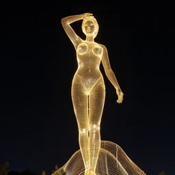 a gigantic glowing golden wire sculpture of a woman, in a starry black sky