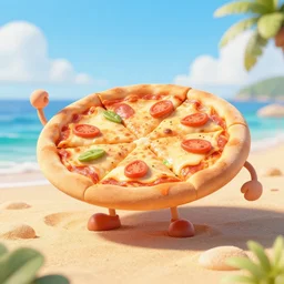 an pizza with mini legs and mini arms enjoying the beach, 3 d render
