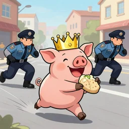 pig running while holding food wearing a crown smiling while being chased by police in a city style of Moebius