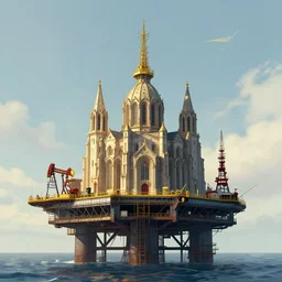 A grand cathedral on top of an oilrig, digital art, artstationhq, by Charles Sheeler and Jordan Grimmer and Victor Mosquera