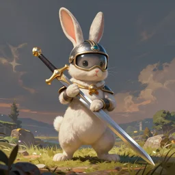 bunny with helmet and sword, whimsical, fantasy, elegant, digital painting, artstation, unreal engine, octane render, concept art, matte, sharp focus, vibrant colors, high contrast, illustration, art by justin gerard