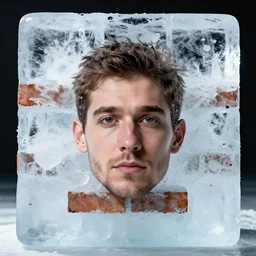 a man's head in a solid brick of ice