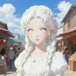 white princess character portrait in the sky market, color page, 4 k, tone mapping, doll, akihiko yoshida, james jean andrei riabovitchev marc simonetti, yoshitaka amano, digital illustration, braided hair, ringlet, curls, fine art,