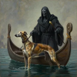 The grim robed boatman of the river styx adopts an undead borzoi to be his companion in hades, realistic fantasy artwork, greek mythology, oil painting on matte canvas by James Gurney