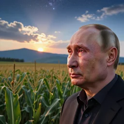 close up of wounded putin standing at the edge of a large cornfield staring out in the distance, reflection of a sunset in his crying eyes, photography, highly detailed landscape, intense fantasy atmospheric lighting, hyperrealistic, spectacular mountains, bright clouds, luminous stellar sky, hd