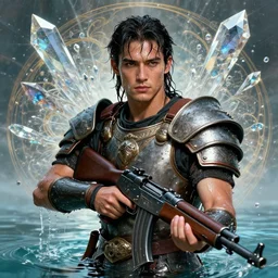 portrait of a beautiful man wearing a warrior armor, holding a retro futuristic rifle, drenched body, wet dripping hair, emerging from the water, fantasy, regal, fractal crystal, fractal gems, by stanley artgerm lau, thomas kindkade, alphonse mucha, loish, norman rockwell