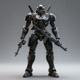 futuristic black colored combat android, holding rifle, symmetrical, artificial intelligence, octane render, blender, hd, unreal engine, maya, cinematic lighting