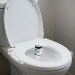 toothpaste tube clogging a restroom toilet, 50mm lens