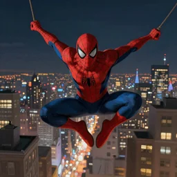beautiful expressive digital painting of ( ( spider - man swinging across buildings at night time, dramatic!!!!! pose ) beautifully lit nighttime city, cinematic rim lighting, epic!!!!! stunning digital painting, hyper detailed, 4 k, high quality, smooth, sharp focus